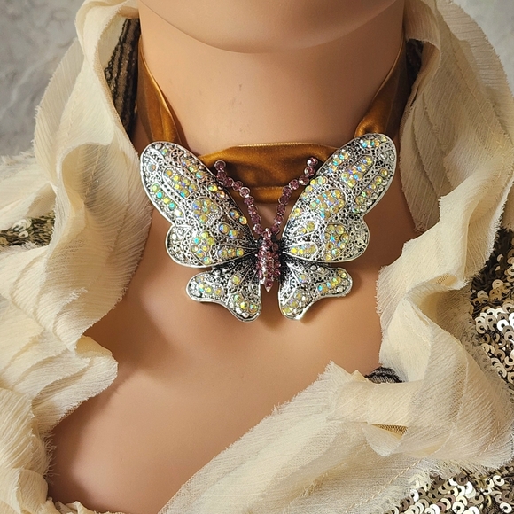 Pink Silver Rainbow Crystal Butterfly Designer Jewelry Mustard Velvet Choker - Picture 1 of 14